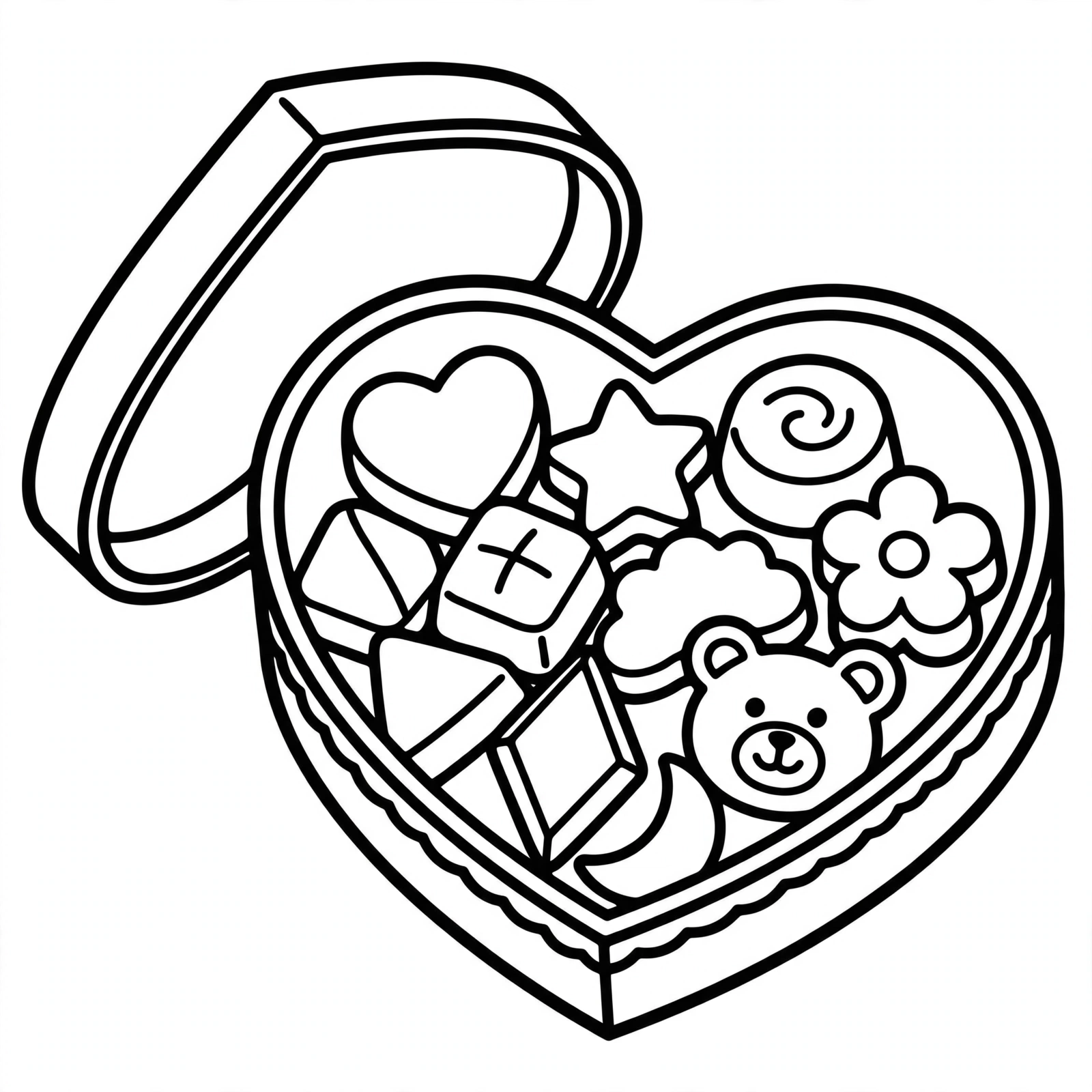 Box of Chocolates Coloring Page — free printable black and white coloring page for kids