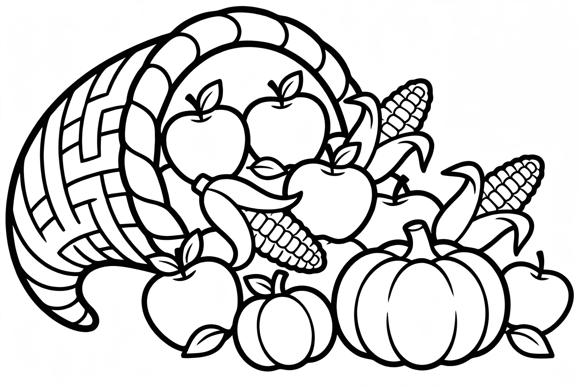 Thanksgiving Cornucopia Coloring Page — free printable black and white coloring page for kids