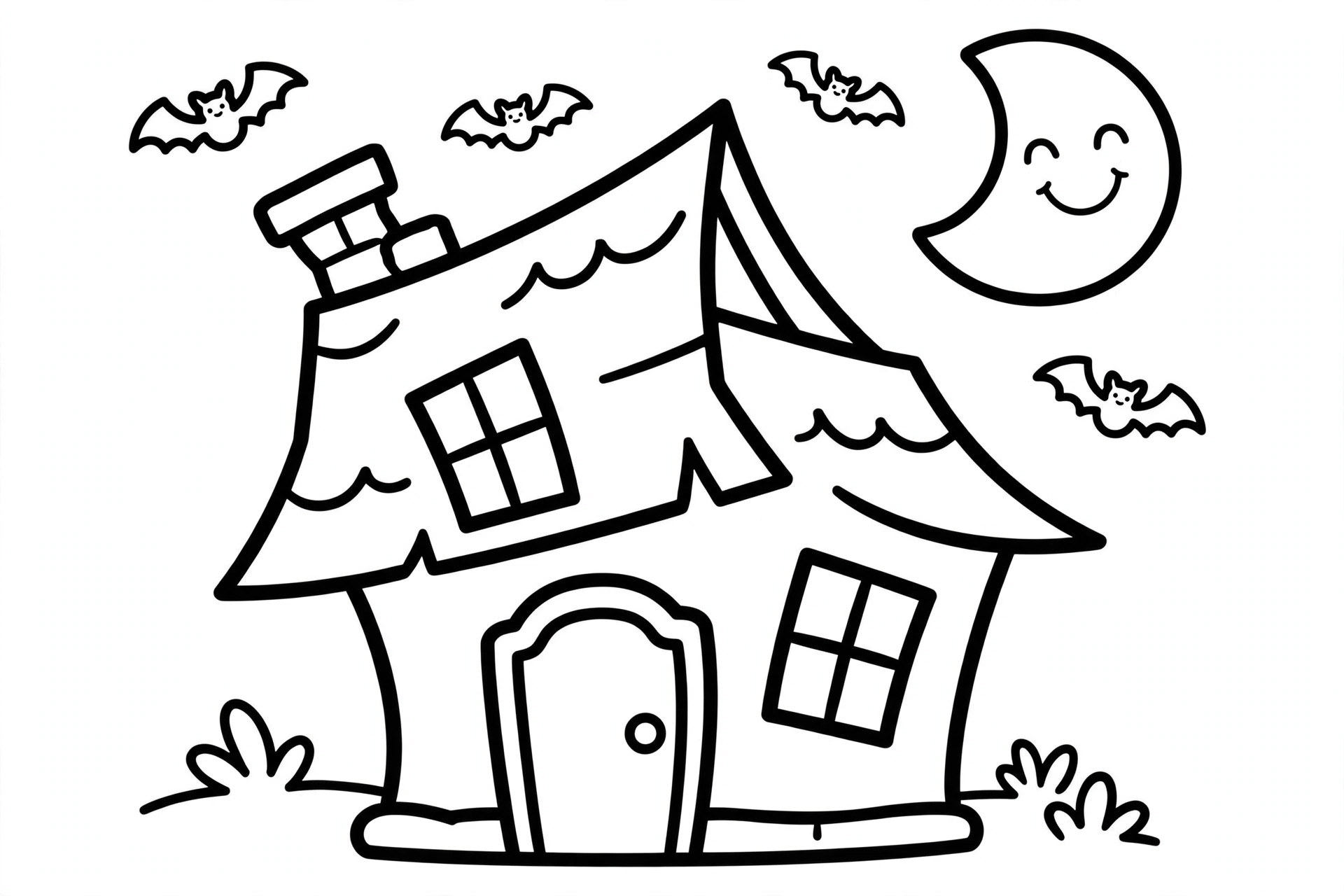 Cute Haunted House Coloring Page — free printable black and white coloring page for kids