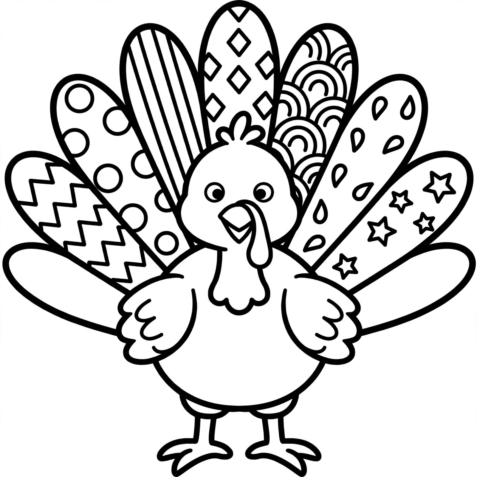Thanksgiving Turkey Coloring Page — free printable black and white coloring page for kids