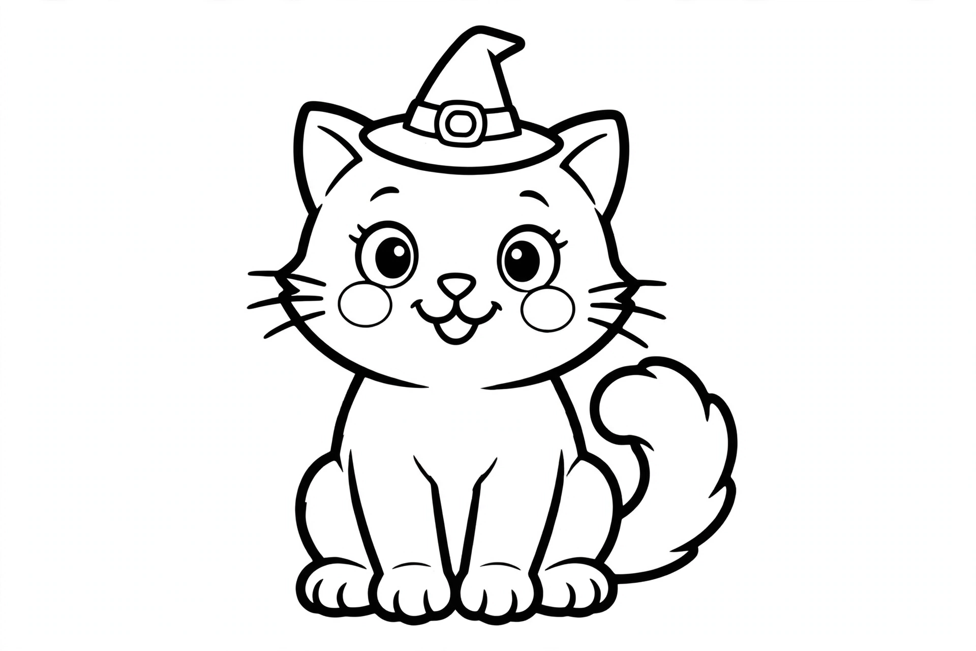 Cat in a Witch Hat Coloring Page — free printable black and white coloring page for kids